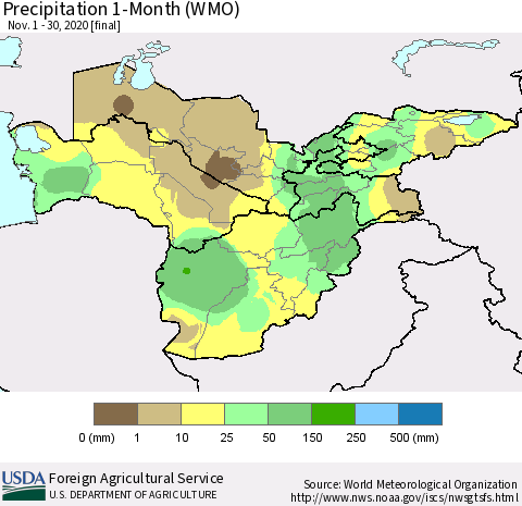 Central Asia Precipitation 1-Month (WMO) Thematic Map For 11/1/2020 - 11/30/2020