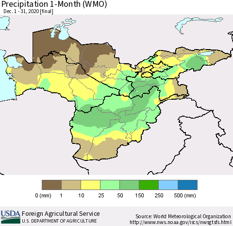 Central Asia Precipitation 1-Month (WMO) Thematic Map For 12/1/2020 - 12/31/2020