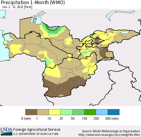 Central Asia Precipitation 1-Month (WMO) Thematic Map For 1/1/2021 - 1/31/2021