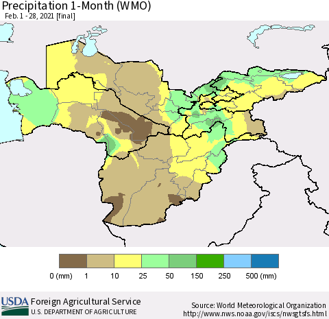 Central Asia Precipitation 1-Month (WMO) Thematic Map For 2/1/2021 - 2/28/2021