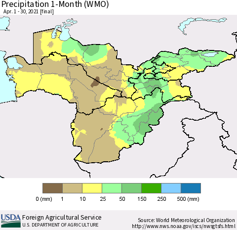 Central Asia Precipitation 1-Month (WMO) Thematic Map For 4/1/2021 - 4/30/2021