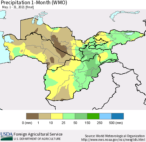 Central Asia Precipitation 1-Month (WMO) Thematic Map For 5/1/2021 - 5/31/2021