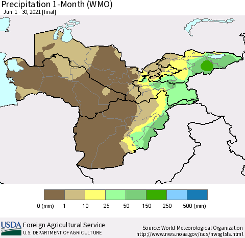 Central Asia Precipitation 1-Month (WMO) Thematic Map For 6/1/2021 - 6/30/2021