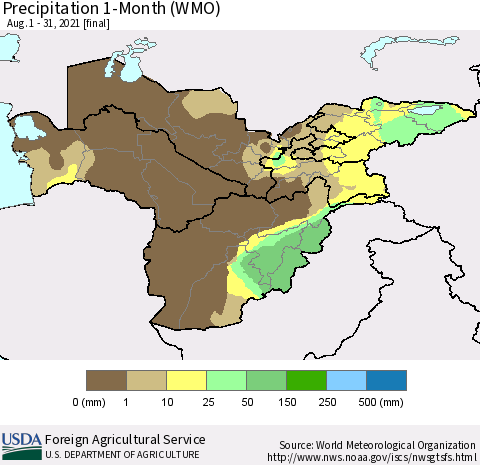 Central Asia Precipitation 1-Month (WMO) Thematic Map For 8/1/2021 - 8/31/2021