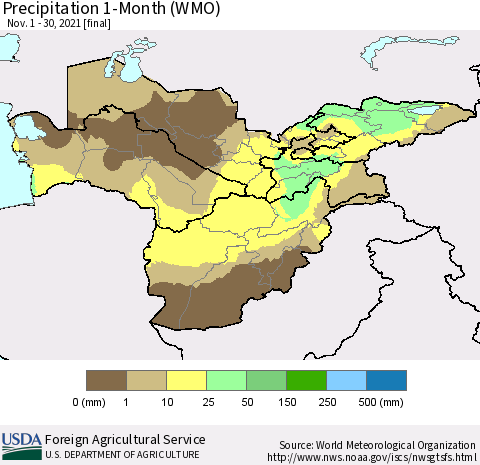 Central Asia Precipitation 1-Month (WMO) Thematic Map For 11/1/2021 - 11/30/2021