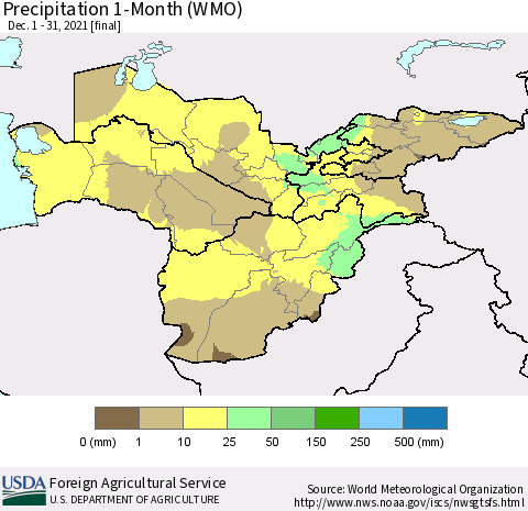 Central Asia Precipitation 1-Month (WMO) Thematic Map For 12/1/2021 - 12/31/2021