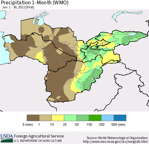 Central Asia Precipitation 1-Month (WMO) Thematic Map For 6/1/2022 - 6/30/2022