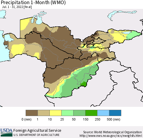 Central Asia Precipitation 1-Month (WMO) Thematic Map For 7/1/2022 - 7/31/2022