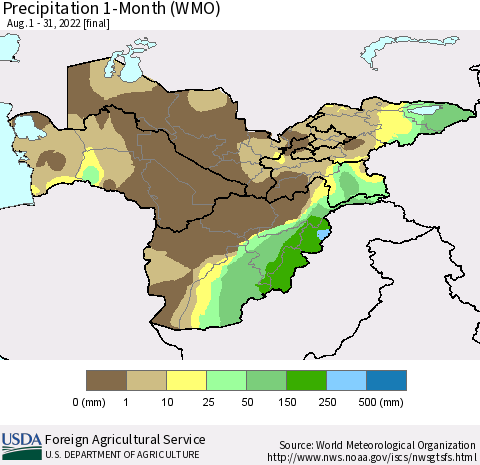 Central Asia Precipitation 1-Month (WMO) Thematic Map For 8/1/2022 - 8/31/2022