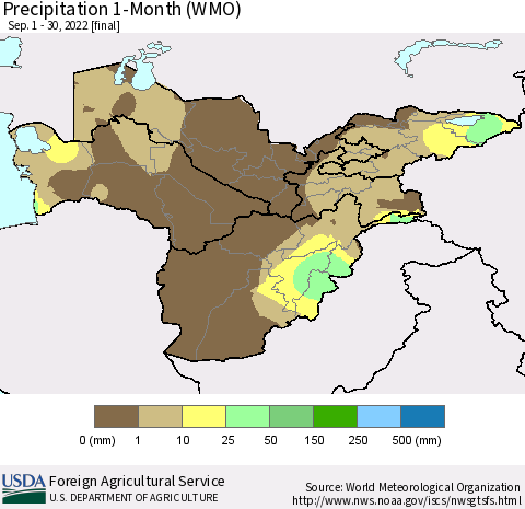 Central Asia Precipitation 1-Month (WMO) Thematic Map For 9/1/2022 - 9/30/2022