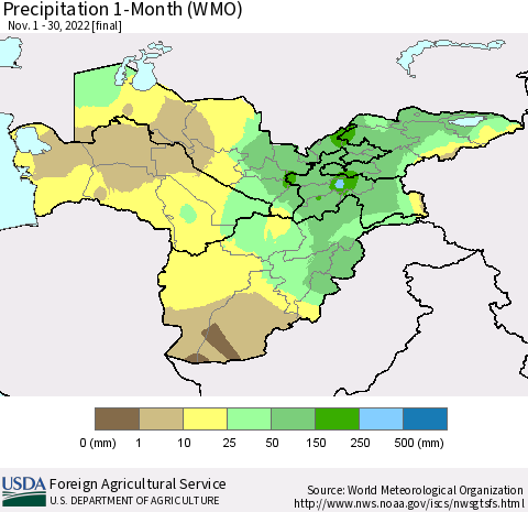 Central Asia Precipitation 1-Month (WMO) Thematic Map For 11/1/2022 - 11/30/2022