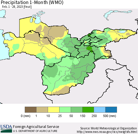 Central Asia Precipitation 1-Month (WMO) Thematic Map For 2/1/2023 - 2/28/2023