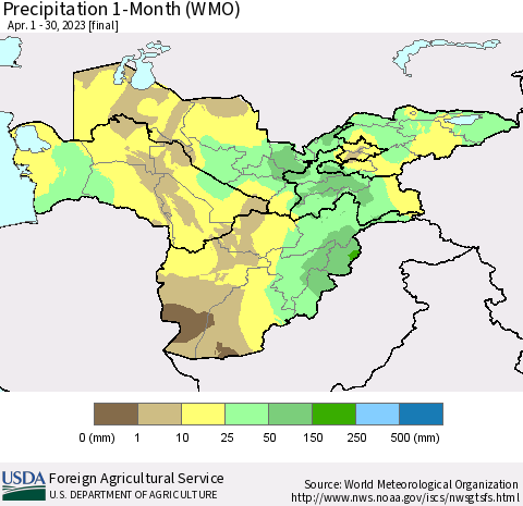 Central Asia Precipitation 1-Month (WMO) Thematic Map For 4/1/2023 - 4/30/2023
