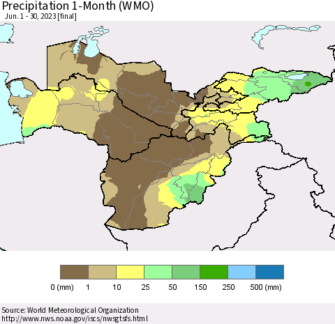 Central Asia Precipitation 1-Month (WMO) Thematic Map For 6/1/2023 - 6/30/2023