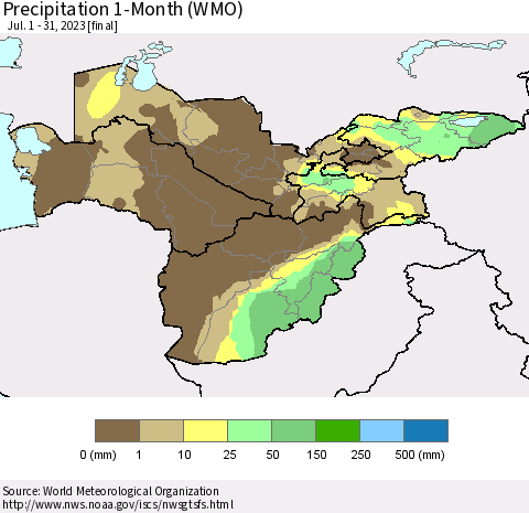 Central Asia Precipitation 1-Month (WMO) Thematic Map For 7/1/2023 - 7/31/2023