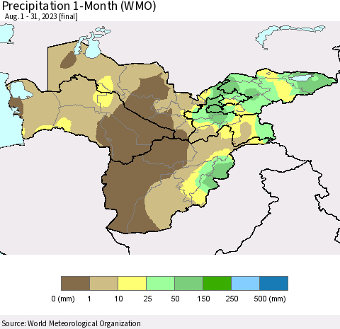 Central Asia Precipitation 1-Month (WMO) Thematic Map For 8/1/2023 - 8/31/2023