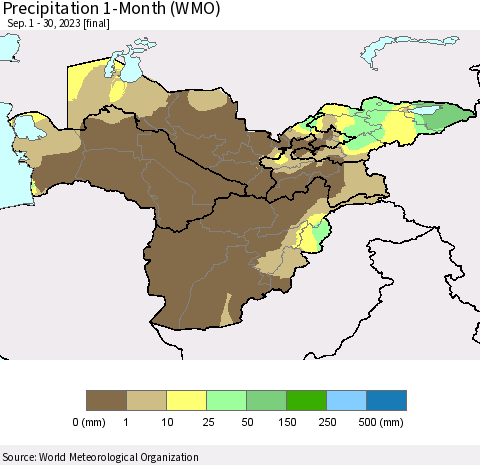 Central Asia Precipitation 1-Month (WMO) Thematic Map For 9/1/2023 - 9/30/2023
