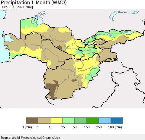 Central Asia Precipitation 1-Month (WMO) Thematic Map For 10/1/2023 - 10/31/2023