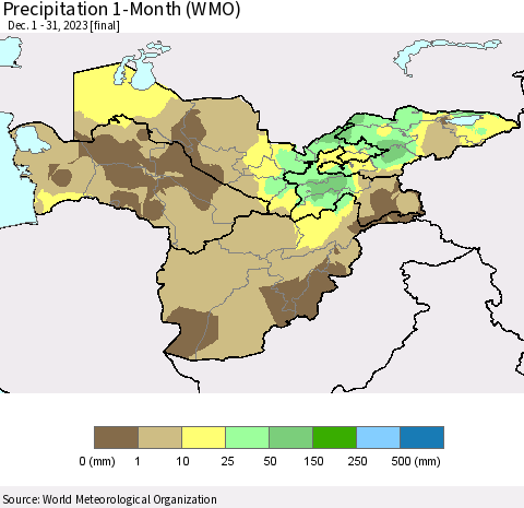 Central Asia Precipitation 1-Month (WMO) Thematic Map For 12/1/2023 - 12/31/2023
