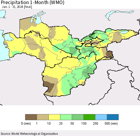 Central Asia Precipitation 1-Month (WMO) Thematic Map For 1/1/2024 - 1/31/2024