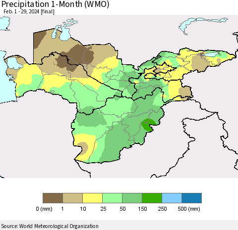 Central Asia Precipitation 1-Month (WMO) Thematic Map For 2/1/2024 - 2/29/2024