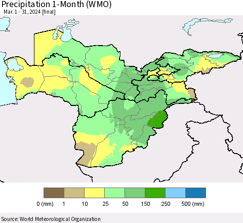 Central Asia Precipitation 1-Month (WMO) Thematic Map For 3/1/2024 - 3/31/2024