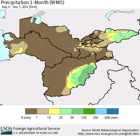 Central Asia Precipitation 1-Month (WMO) Thematic Map For 8/6/2021 - 9/5/2021