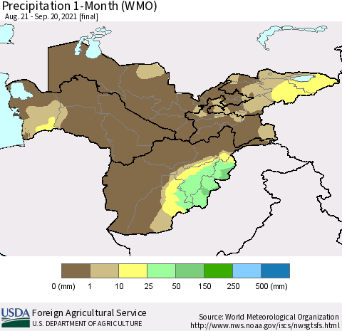 Central Asia Precipitation 1-Month (WMO) Thematic Map For 8/21/2021 - 9/20/2021