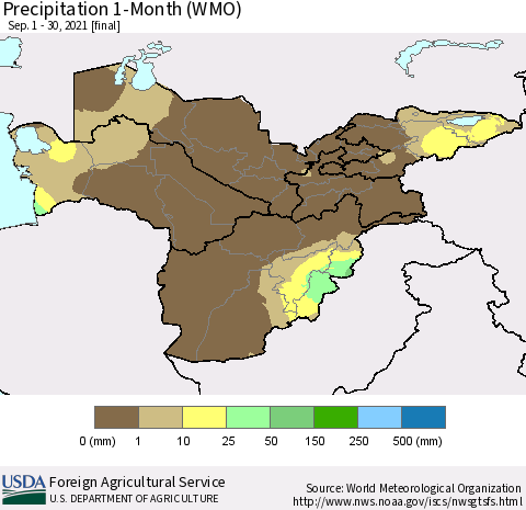 Central Asia Precipitation 1-Month (WMO) Thematic Map For 9/1/2021 - 9/30/2021