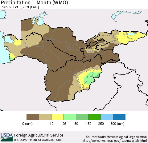 Central Asia Precipitation 1-Month (WMO) Thematic Map For 9/6/2021 - 10/5/2021