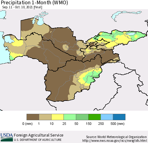Central Asia Precipitation 1-Month (WMO) Thematic Map For 9/11/2021 - 10/10/2021