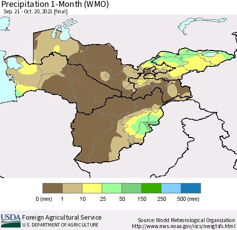 Central Asia Precipitation 1-Month (WMO) Thematic Map For 9/21/2021 - 10/20/2021