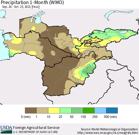 Central Asia Precipitation 1-Month (WMO) Thematic Map For 9/26/2021 - 10/25/2021