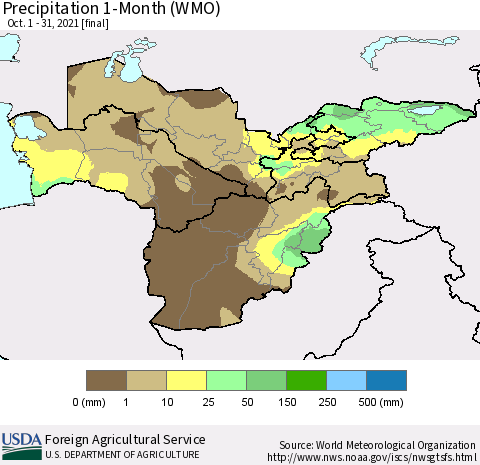 Central Asia Precipitation 1-Month (WMO) Thematic Map For 10/1/2021 - 10/31/2021