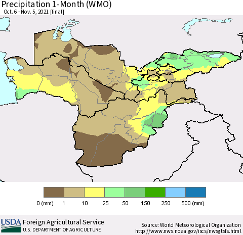 Central Asia Precipitation 1-Month (WMO) Thematic Map For 10/6/2021 - 11/5/2021