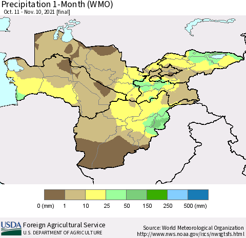 Central Asia Precipitation 1-Month (WMO) Thematic Map For 10/11/2021 - 11/10/2021