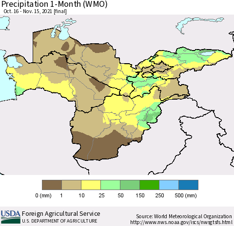 Central Asia Precipitation 1-Month (WMO) Thematic Map For 10/16/2021 - 11/15/2021