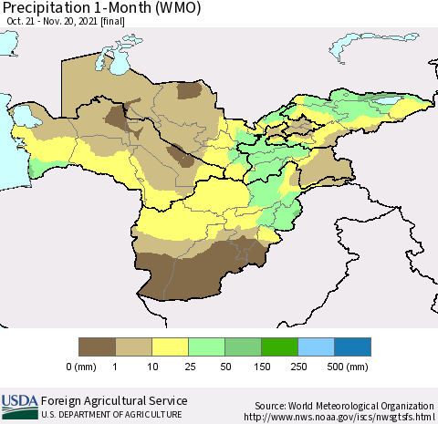 Central Asia Precipitation 1-Month (WMO) Thematic Map For 10/21/2021 - 11/20/2021