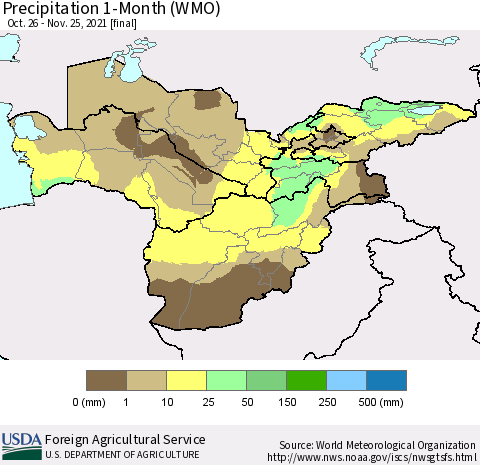 Central Asia Precipitation 1-Month (WMO) Thematic Map For 10/26/2021 - 11/25/2021