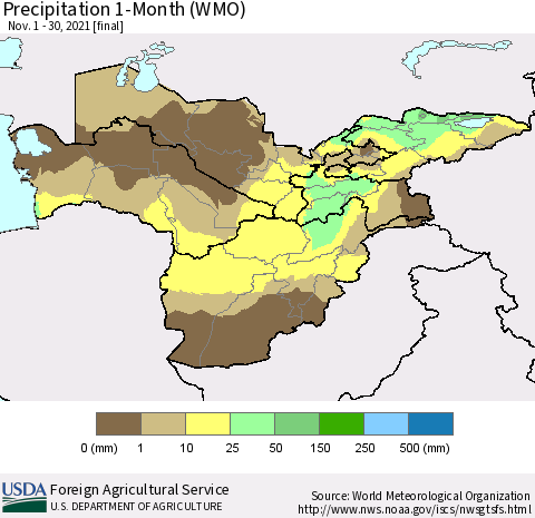 Central Asia Precipitation 1-Month (WMO) Thematic Map For 11/1/2021 - 11/30/2021