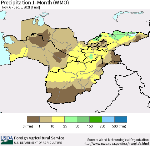 Central Asia Precipitation 1-Month (WMO) Thematic Map For 11/6/2021 - 12/5/2021
