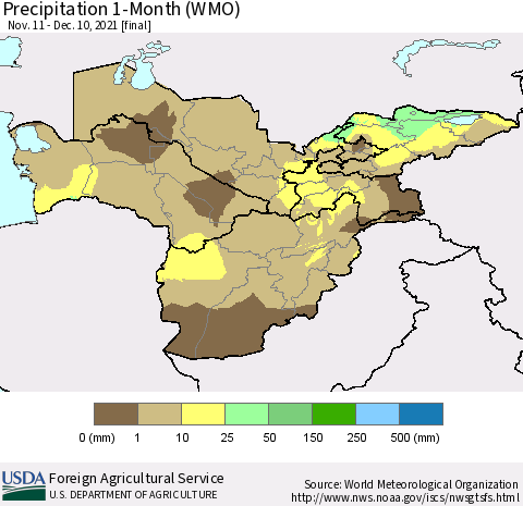 Central Asia Precipitation 1-Month (WMO) Thematic Map For 11/11/2021 - 12/10/2021