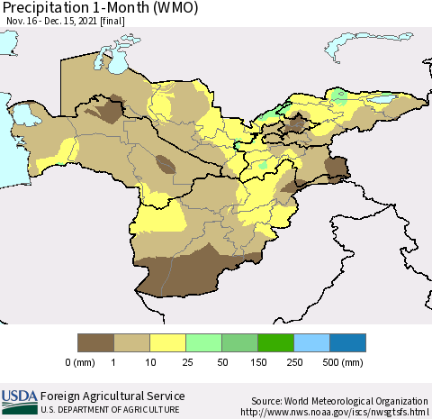 Central Asia Precipitation 1-Month (WMO) Thematic Map For 11/16/2021 - 12/15/2021