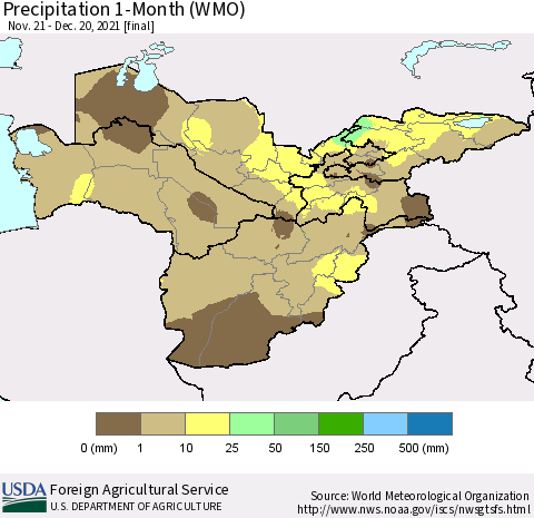 Central Asia Precipitation 1-Month (WMO) Thematic Map For 11/21/2021 - 12/20/2021