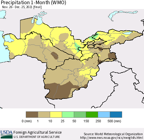 Central Asia Precipitation 1-Month (WMO) Thematic Map For 11/26/2021 - 12/25/2021