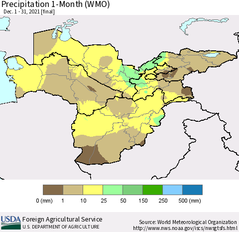 Central Asia Precipitation 1-Month (WMO) Thematic Map For 12/1/2021 - 12/31/2021