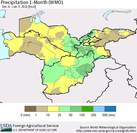 Central Asia Precipitation 1-Month (WMO) Thematic Map For 12/6/2021 - 1/5/2022