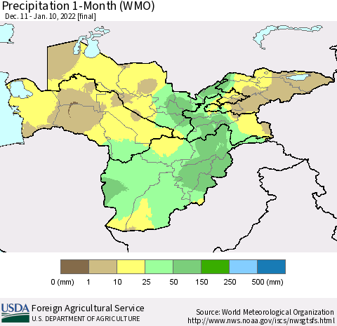 Central Asia Precipitation 1-Month (WMO) Thematic Map For 12/11/2021 - 1/10/2022