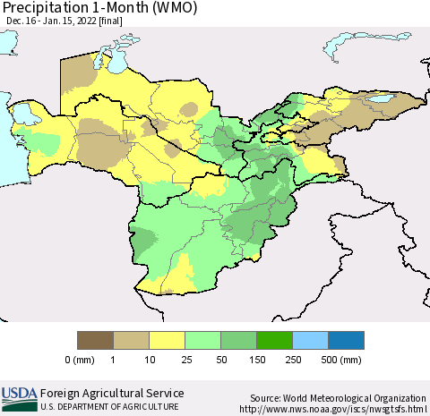Central Asia Precipitation 1-Month (WMO) Thematic Map For 12/16/2021 - 1/15/2022