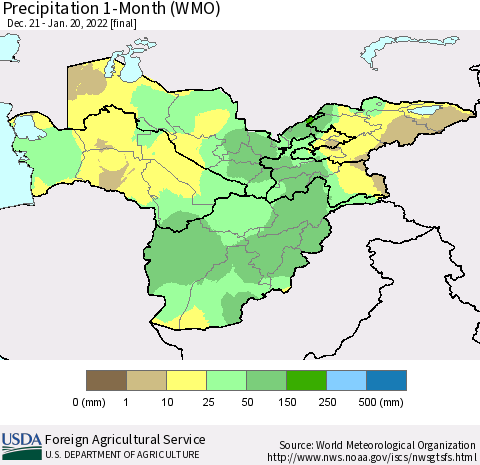 Central Asia Precipitation 1-Month (WMO) Thematic Map For 12/21/2021 - 1/20/2022